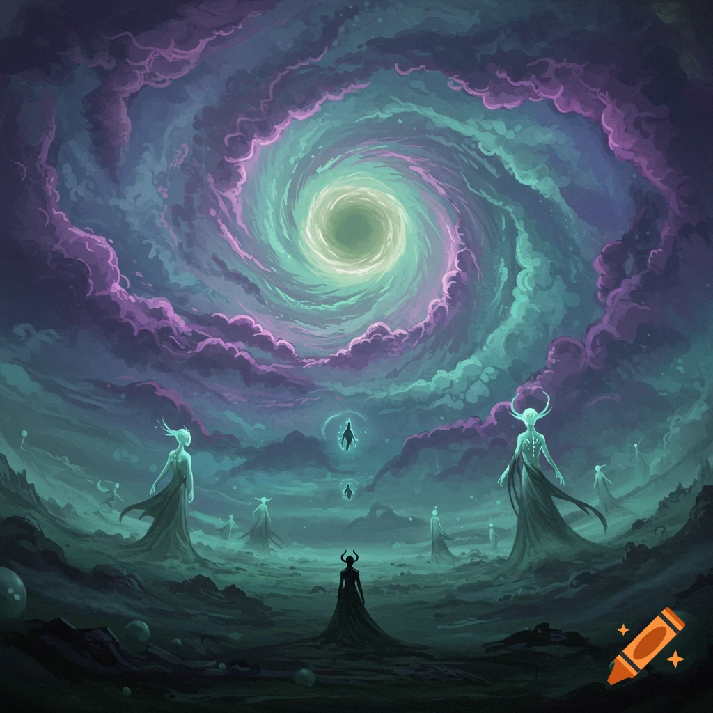 Tall figures stand in a surreal landscape with a swirling vortex.