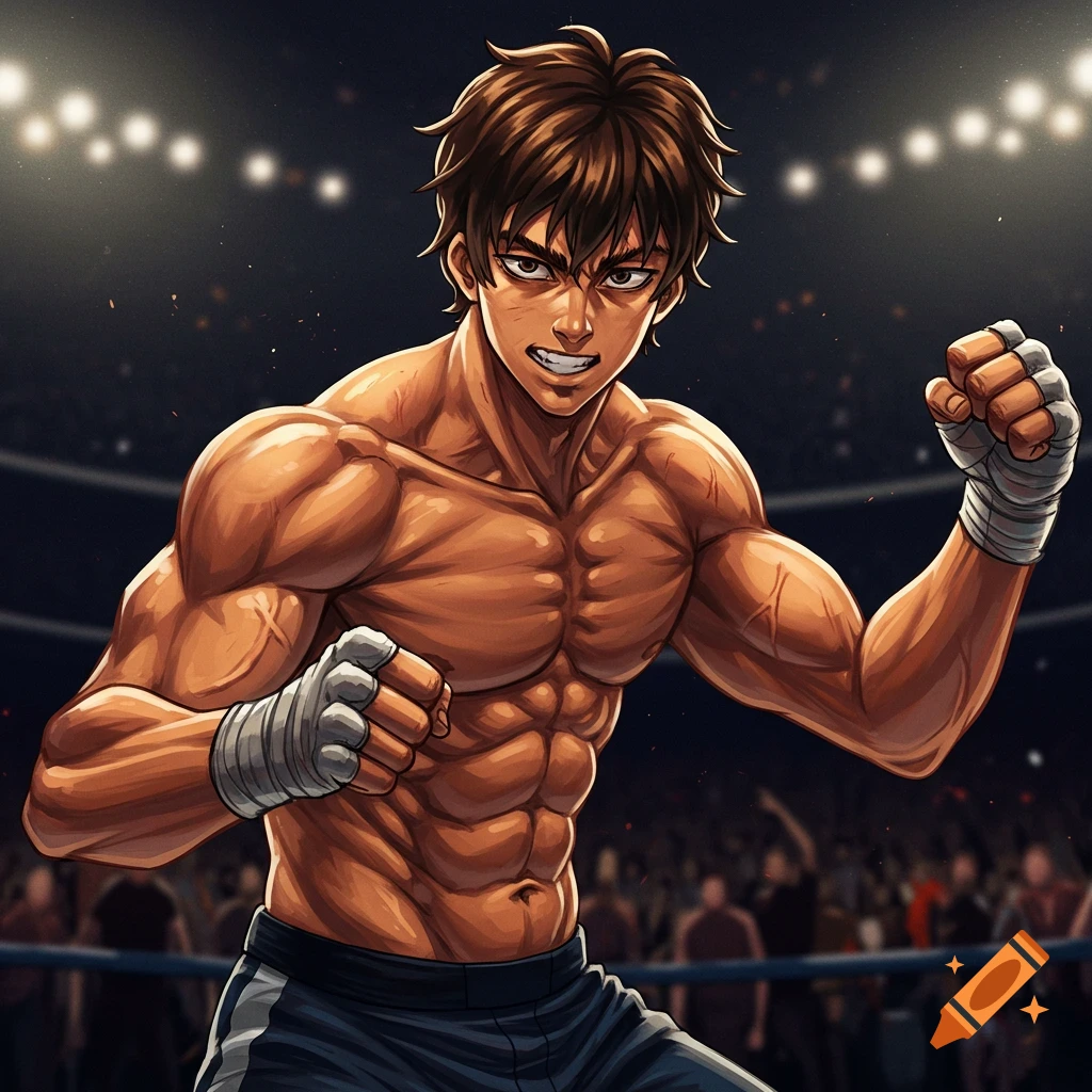 Anime illustration of a muscular boxer in a ring, ready to fight.