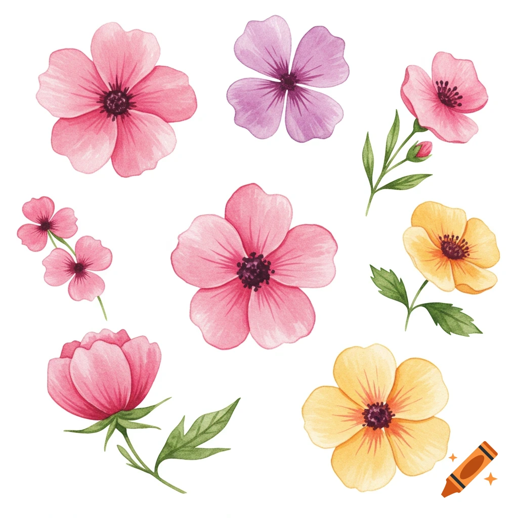 Watercolor illustration of scattered pink, purple, and yellow flowers.