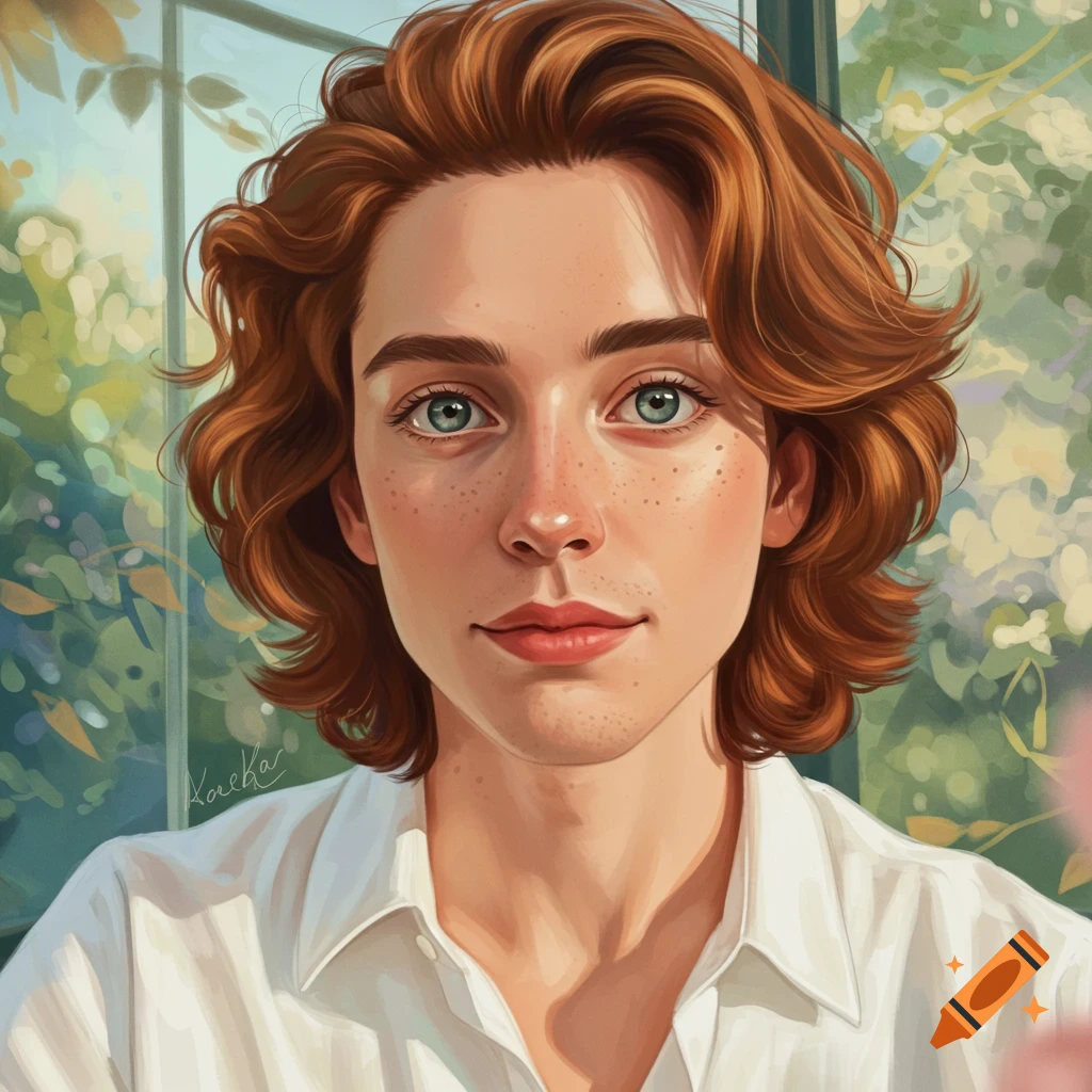 A young person with red hair and freckles wears a white shirt, in front of a window.