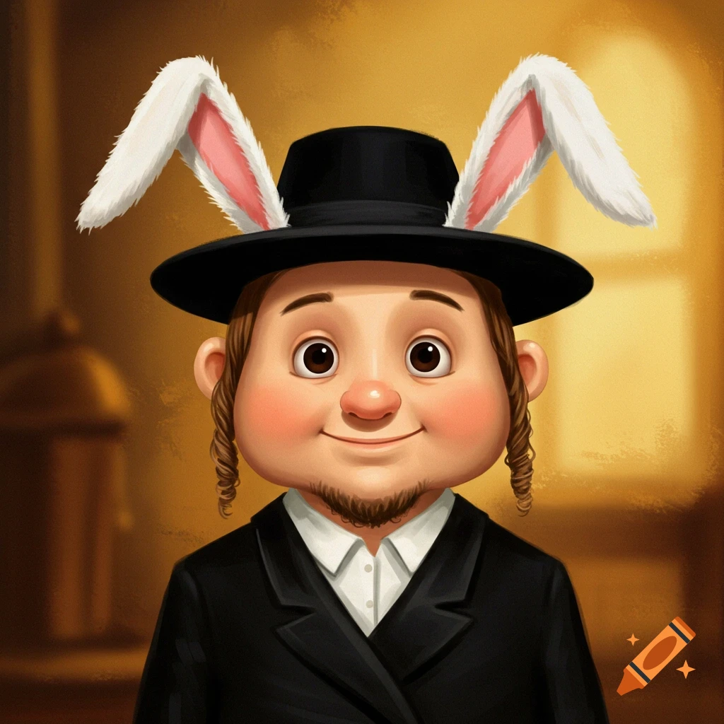 A stylized character resembling Labubu dressed as a Hasidic Jew with white bunny ears.