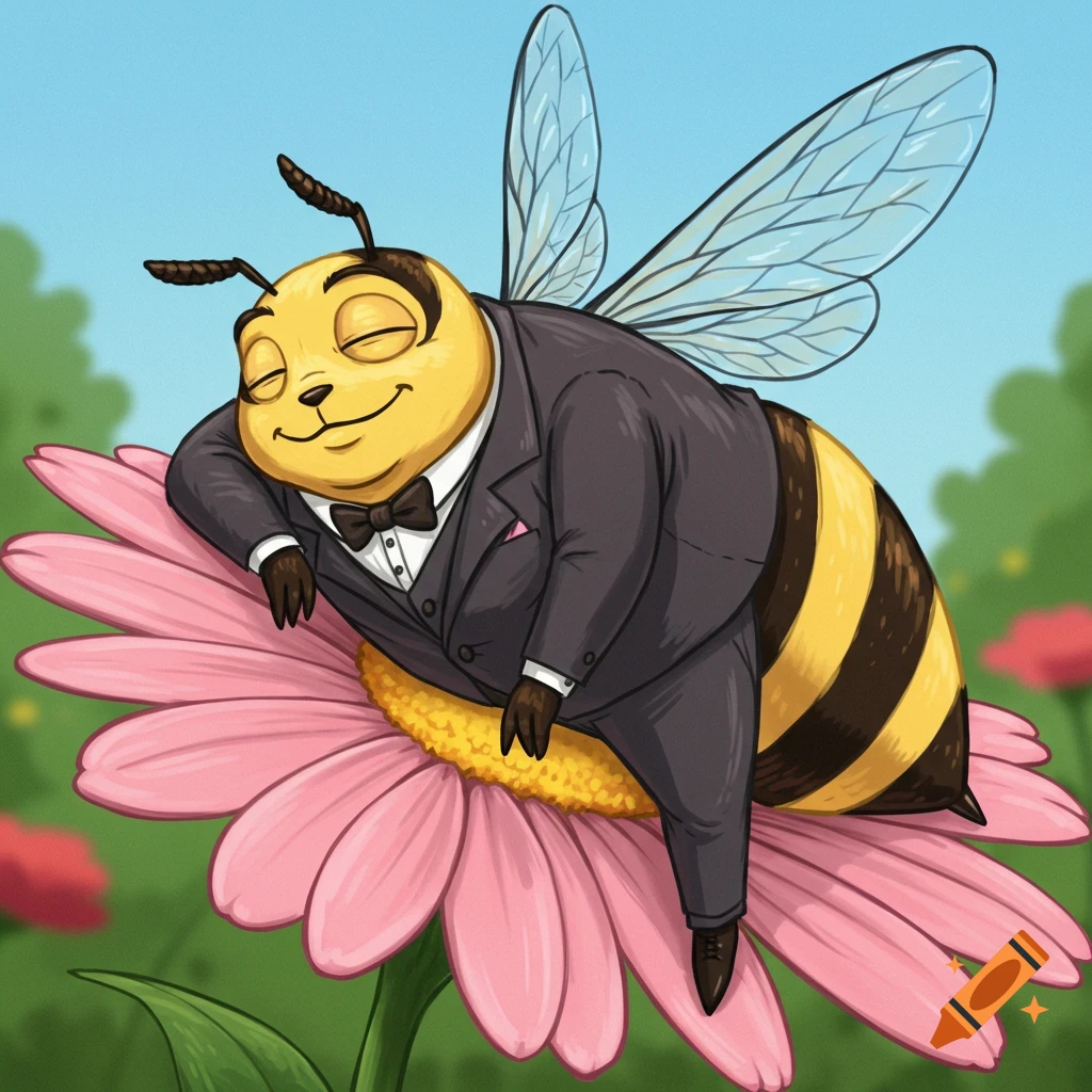 A cartoon bee in a suit lazily rests on a large pink flower.