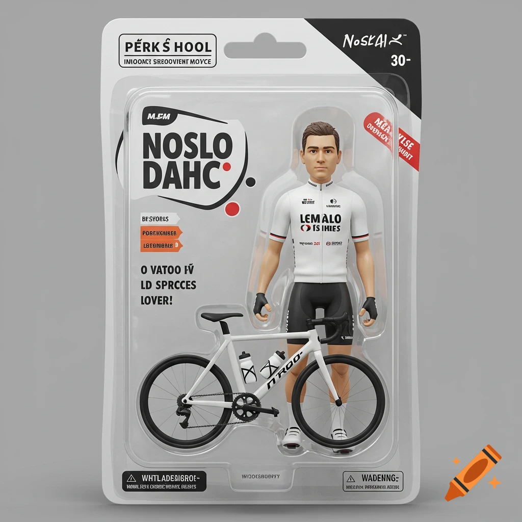 A 3D action figure of a cyclist in blister packaging.