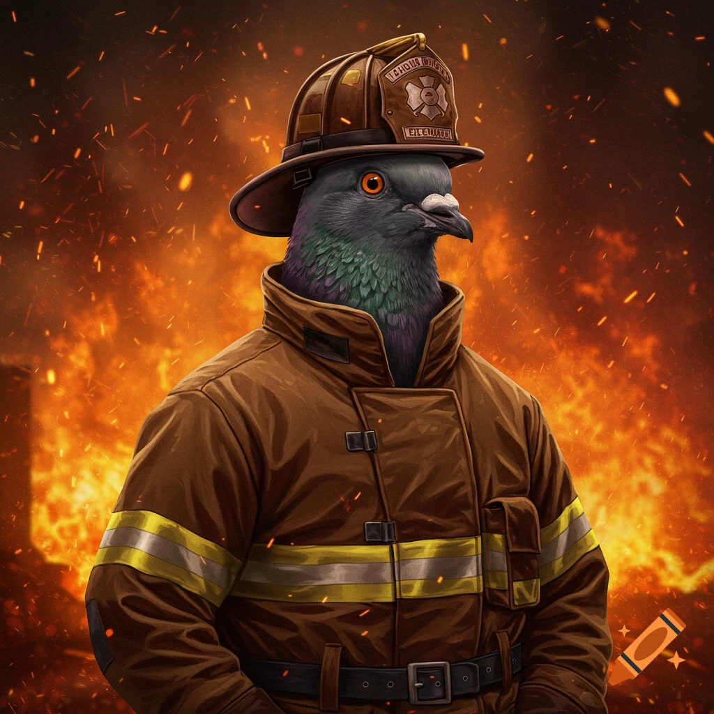 A pigeon in firefighter gear standing in front of a fire