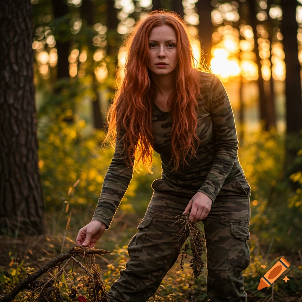 A woman with red hair in camo forages in the woods at sunset.