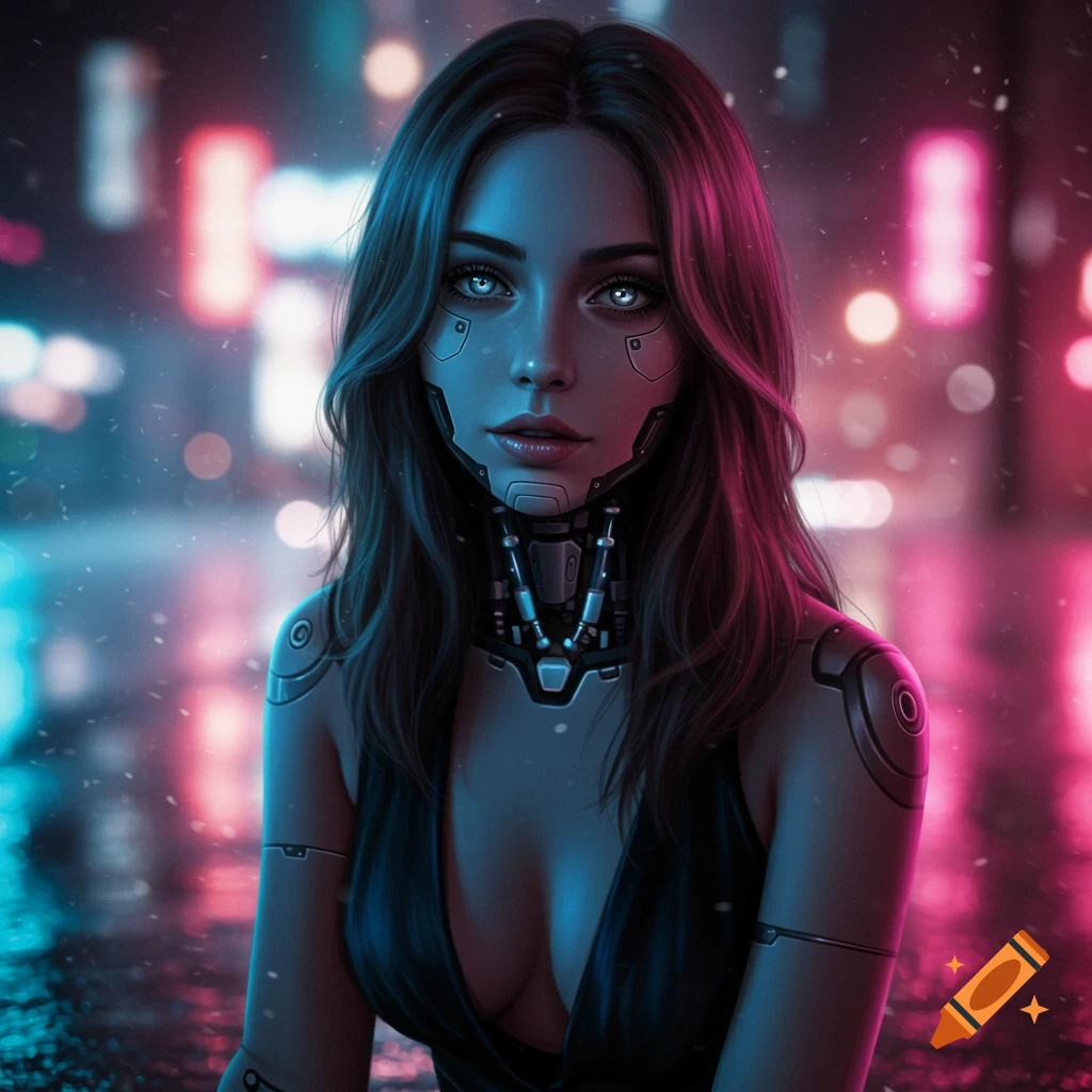 A cyberpunk portrait of a robot woman with glowing eyes in a neon futuristic city.