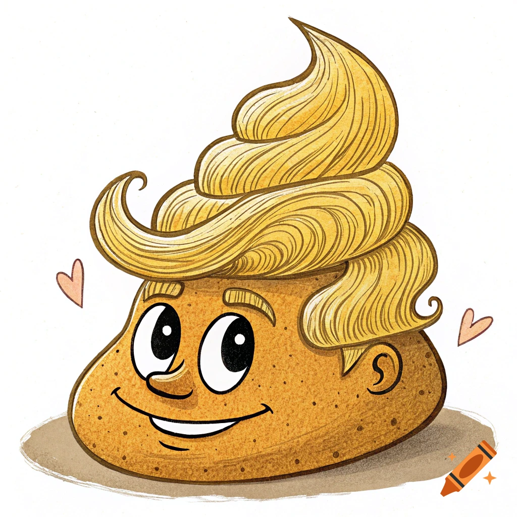 Cartoon illustration of a smiling potato character with large blonde hair and floating hearts.