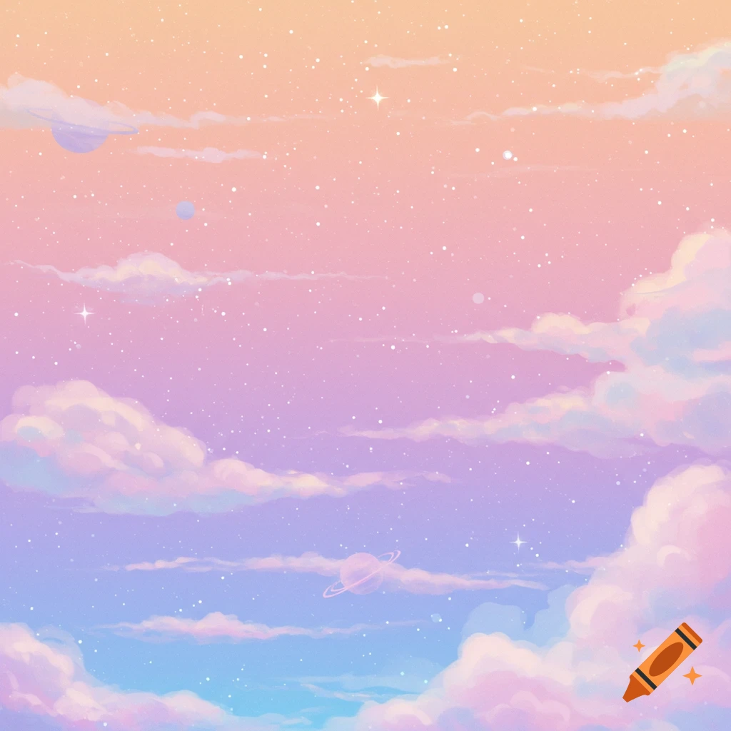 Pastel gradient sky with clouds, stars, and stylized planets.
