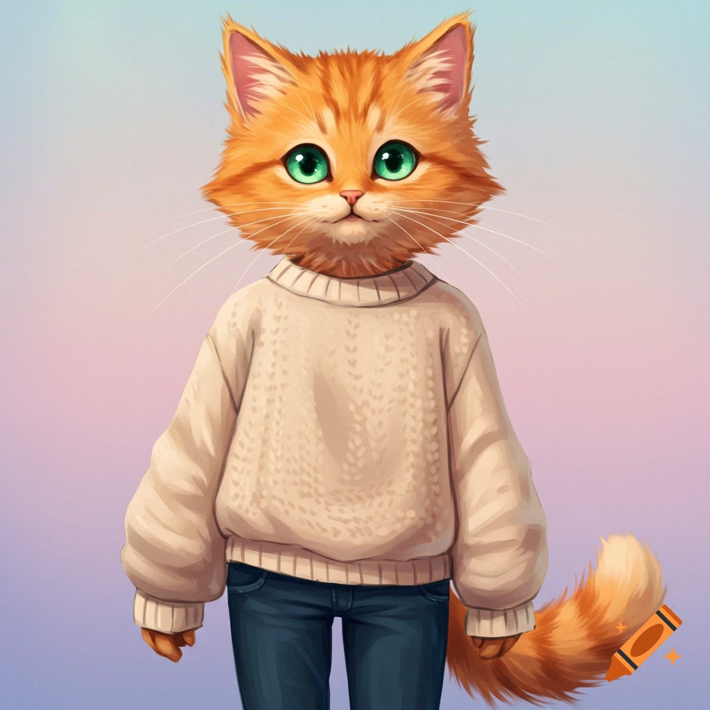 An orange cat standing in a sweater and jeans.
