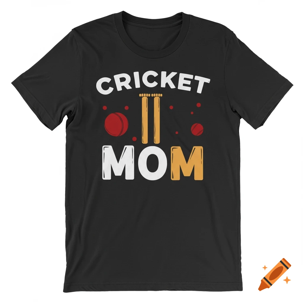 Black t-shirt with a graphic design featuring the text CRICKET MOM, cricket stumps, and balls.