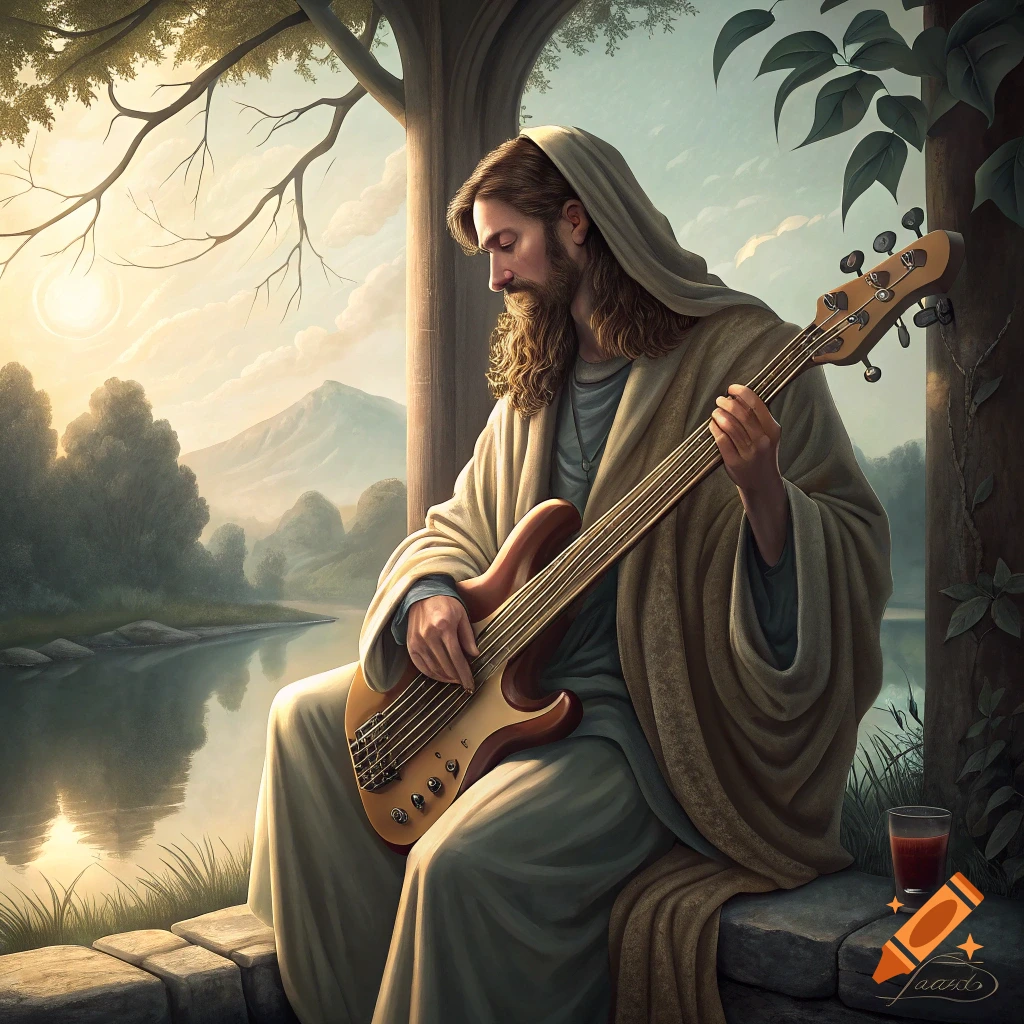 Jesus playing a bass guitar outdoors at sunset.