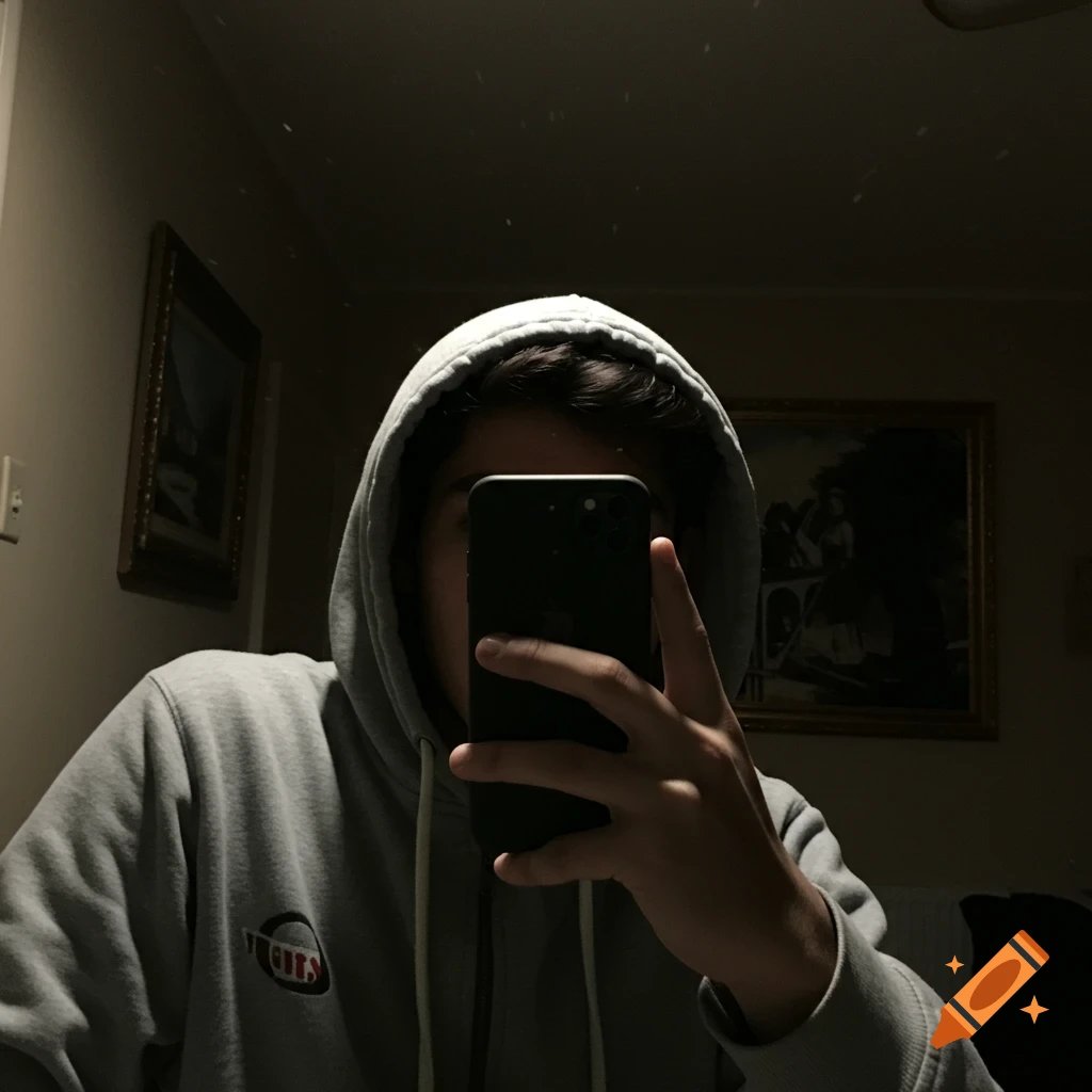 A person wearing a grey hoodie takes a selfie with a phone covering their face in a dimly lit room.