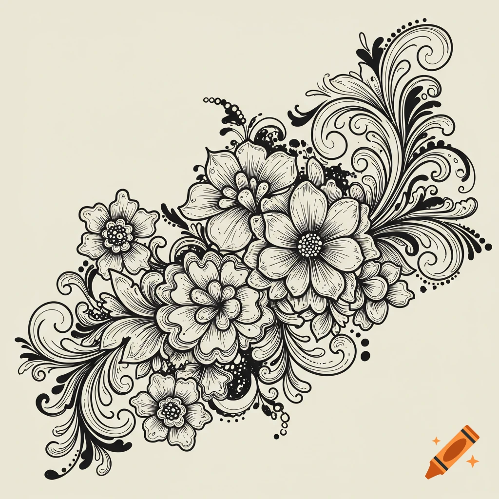 Line art drawing of flowers and decorative swirls.