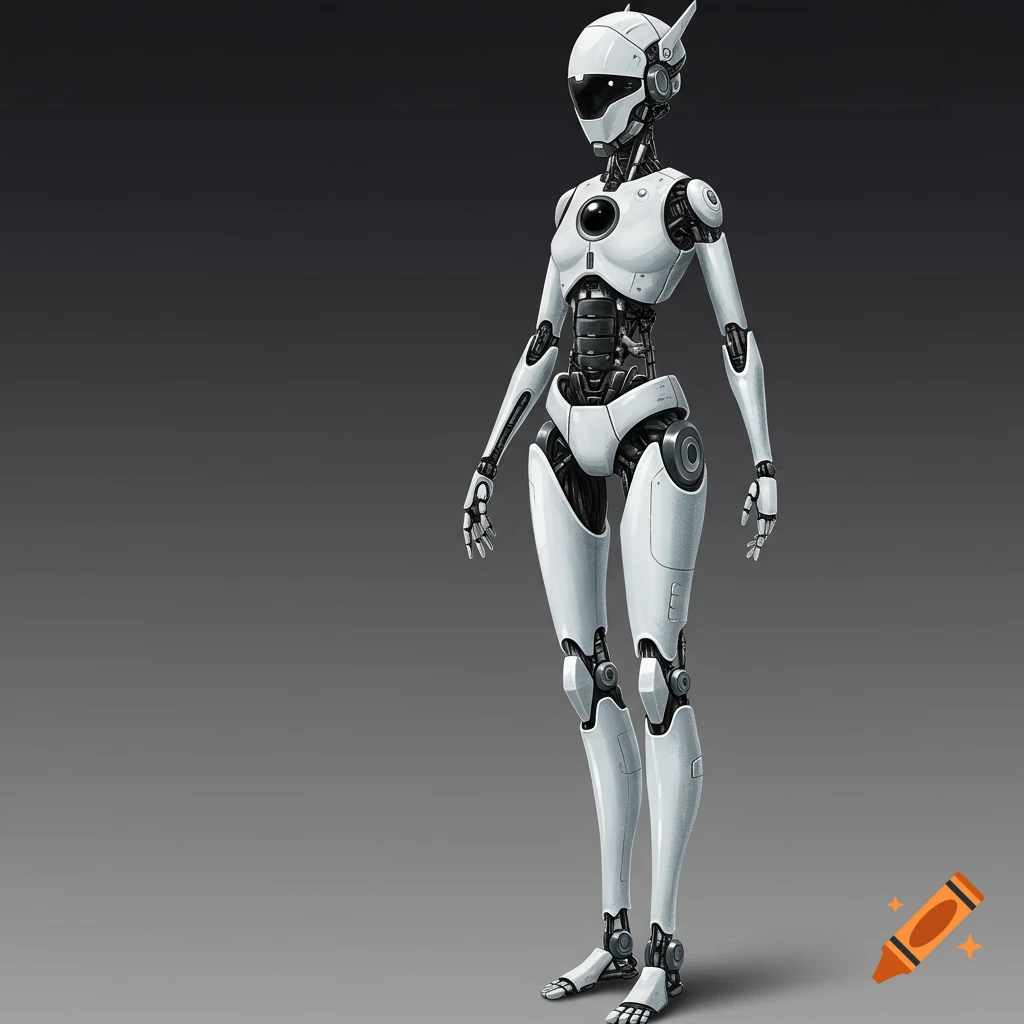 An elegant white and silver robot standing on a gray background.