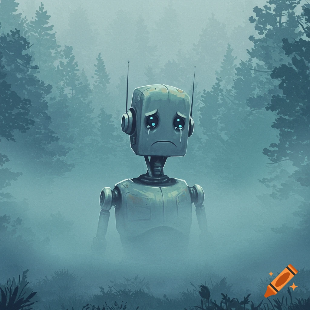 A sad robot stands alone in a misty forest.