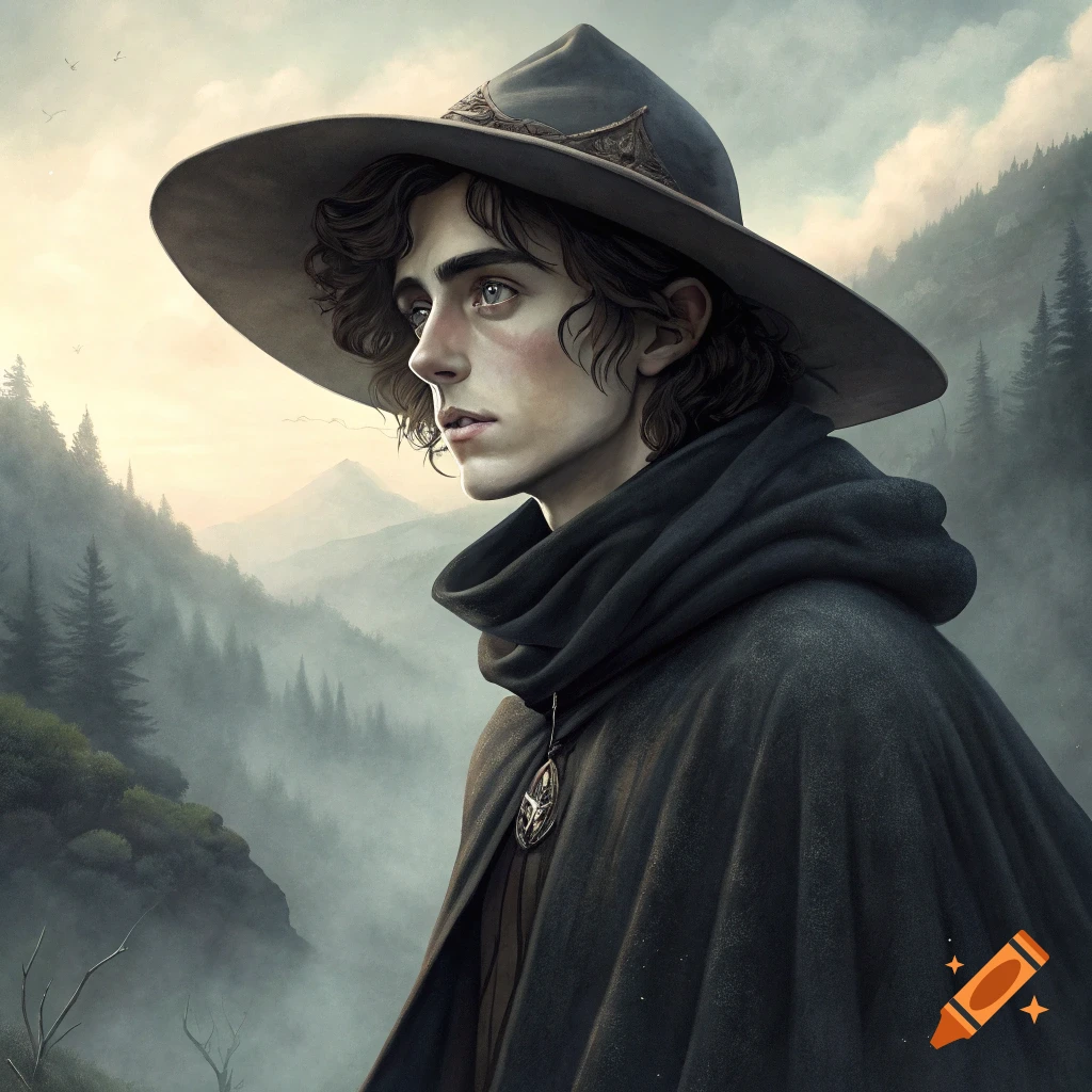 Portrait of a young man resembling Timothée Chalamet in a hat and cloak, standing in a misty mountain landscape.
