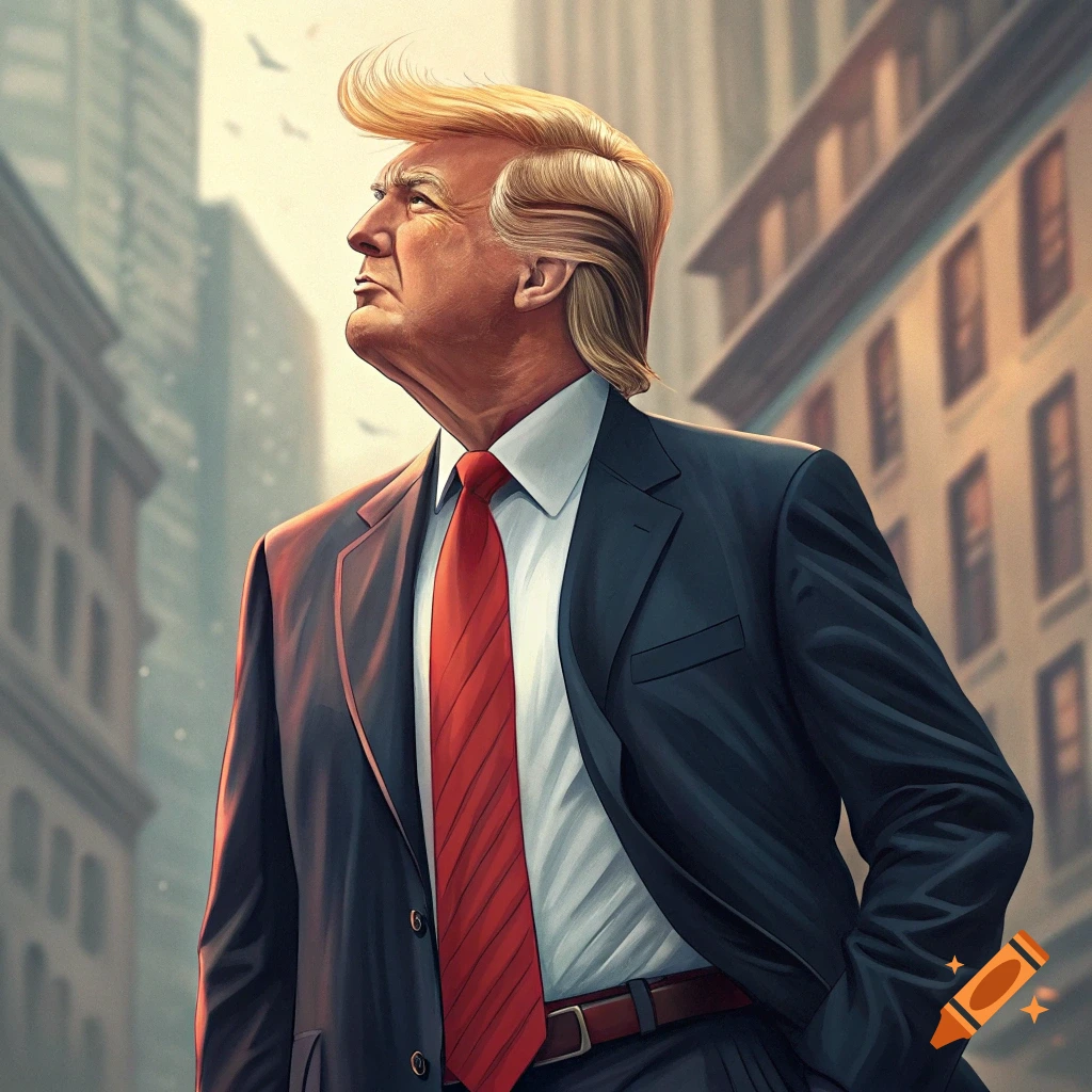 Illustrative painting of a man resembling Trump in a suit and red tie, looking up in a city street.