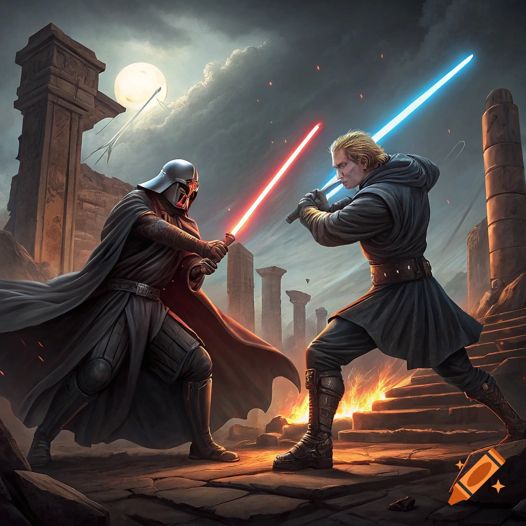 Two figures, one resembling Darth Vader and one like Anakin Skywalker, engage in a lightsaber duel among ancient ruins under a full moon.