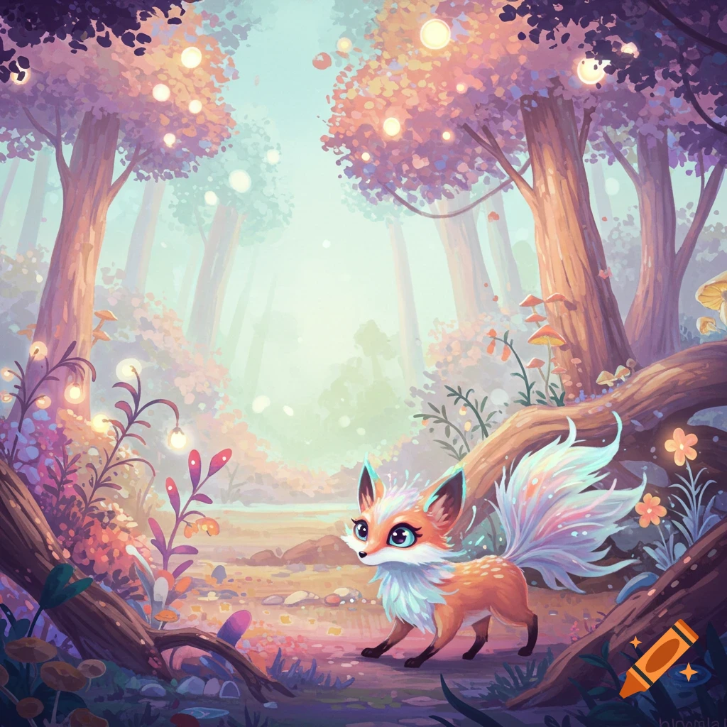 A cute, whimsical fox creature with a colorful tail stands in a glowing fantasy forest with mushrooms.