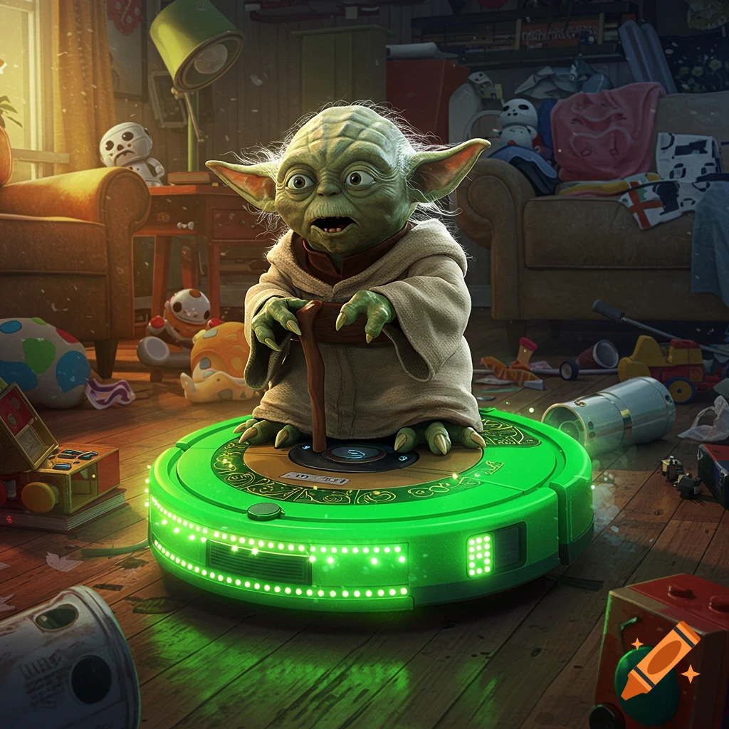 Yoda riding a green Roomba in a cluttered room.