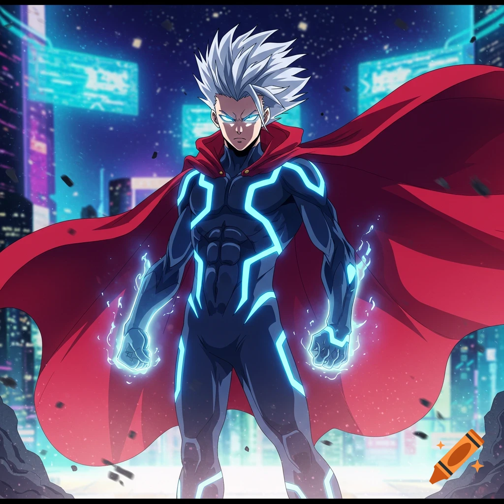 Anime superhero with white hair, red cape, and glowing blue suit in a futuristic city.