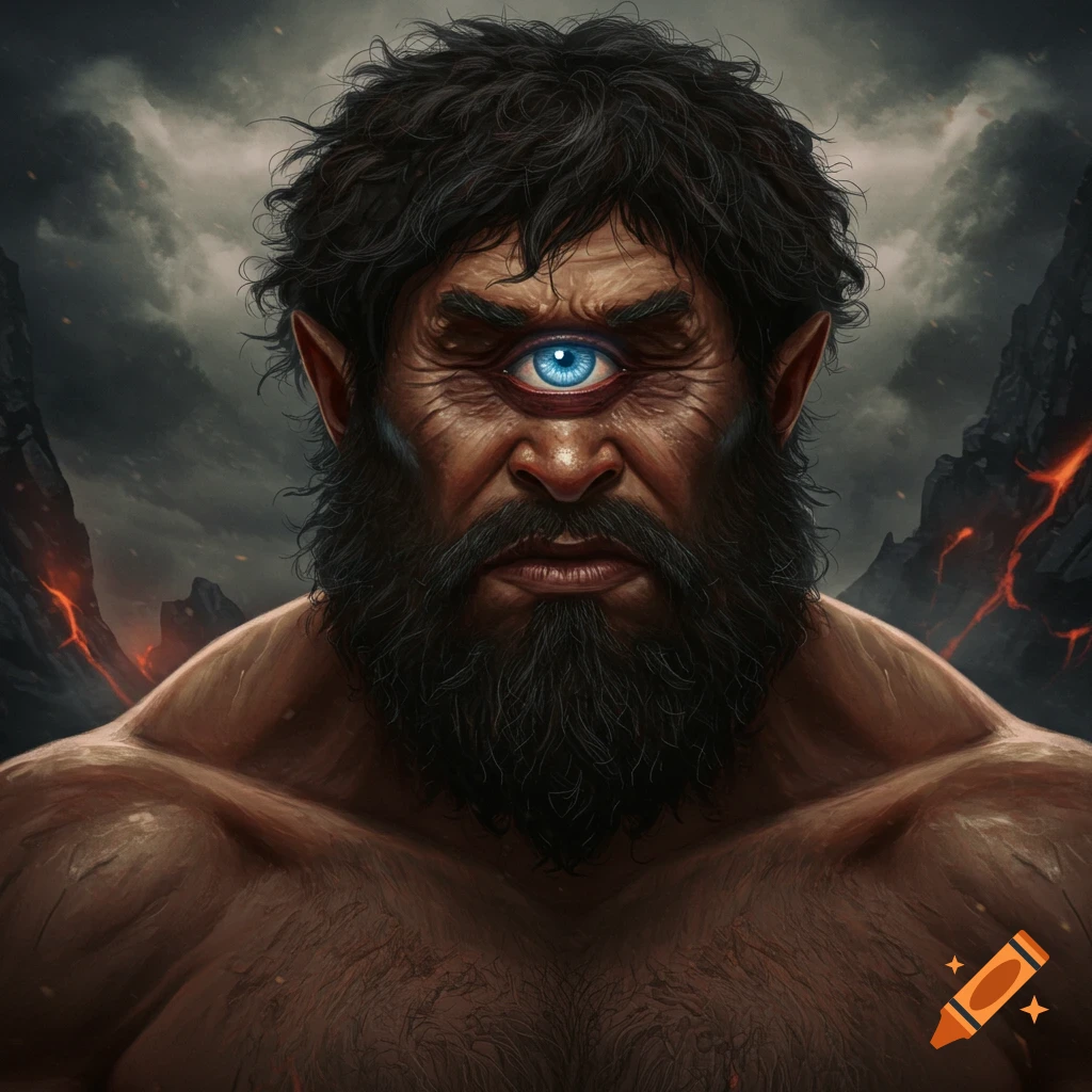 A cyclops with a single blue eye against a dark, volcanic background.