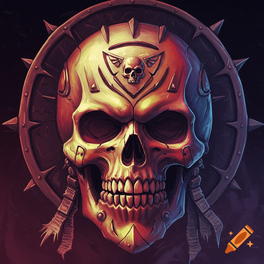 A stylized image of a skull wearing a helmet with spikes and wings, with a spiked shield behind it.