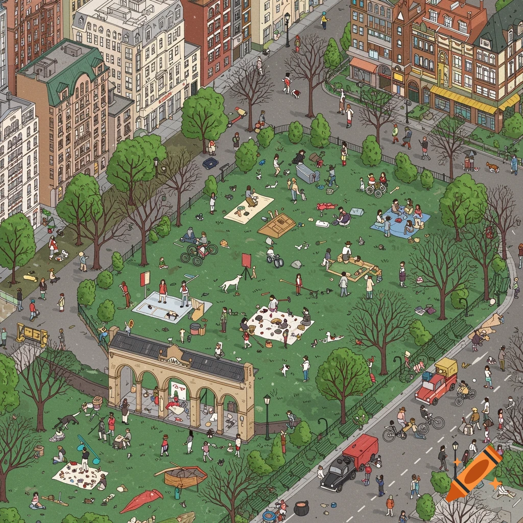 Isometric illustration of a busy park with people picnicking, playing games, and walking dogs in a flat, vector style.