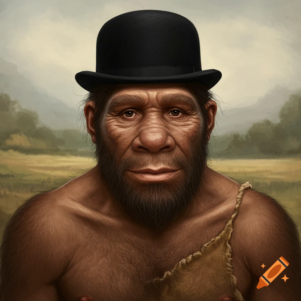 Portrait of a Neanderthal wearing a black bowler hat.