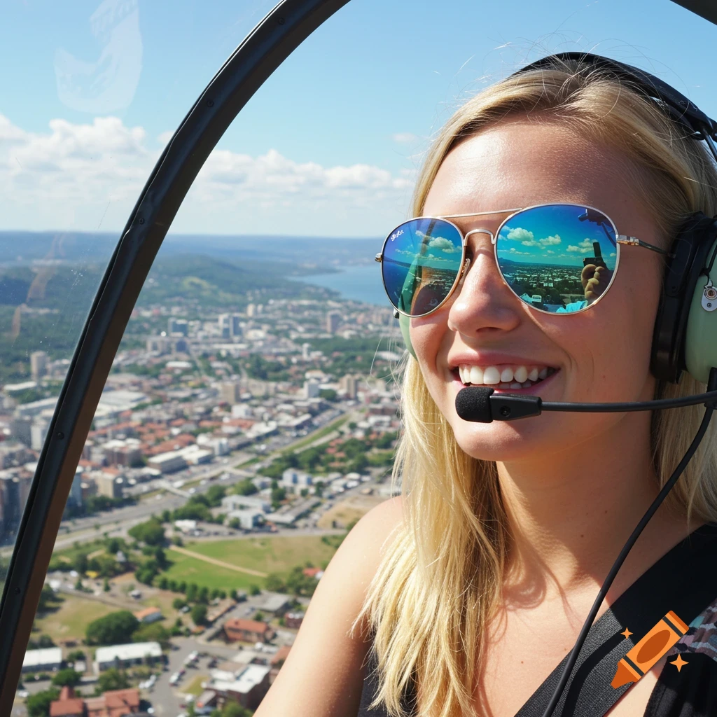 Smiling blonde woman in a helicopter wearing sunglasses reflecting a city view.