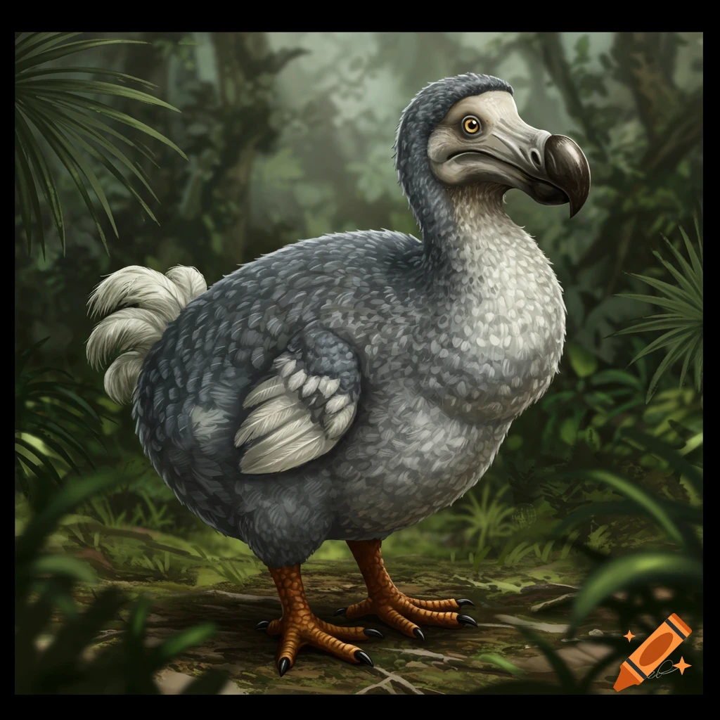 A dodo bird stands in a forest.