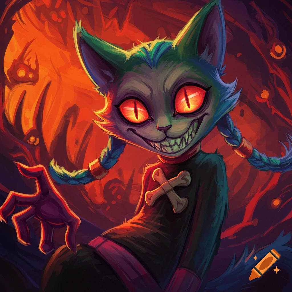 A creepy cat with glowing red eyes and a wide grin.