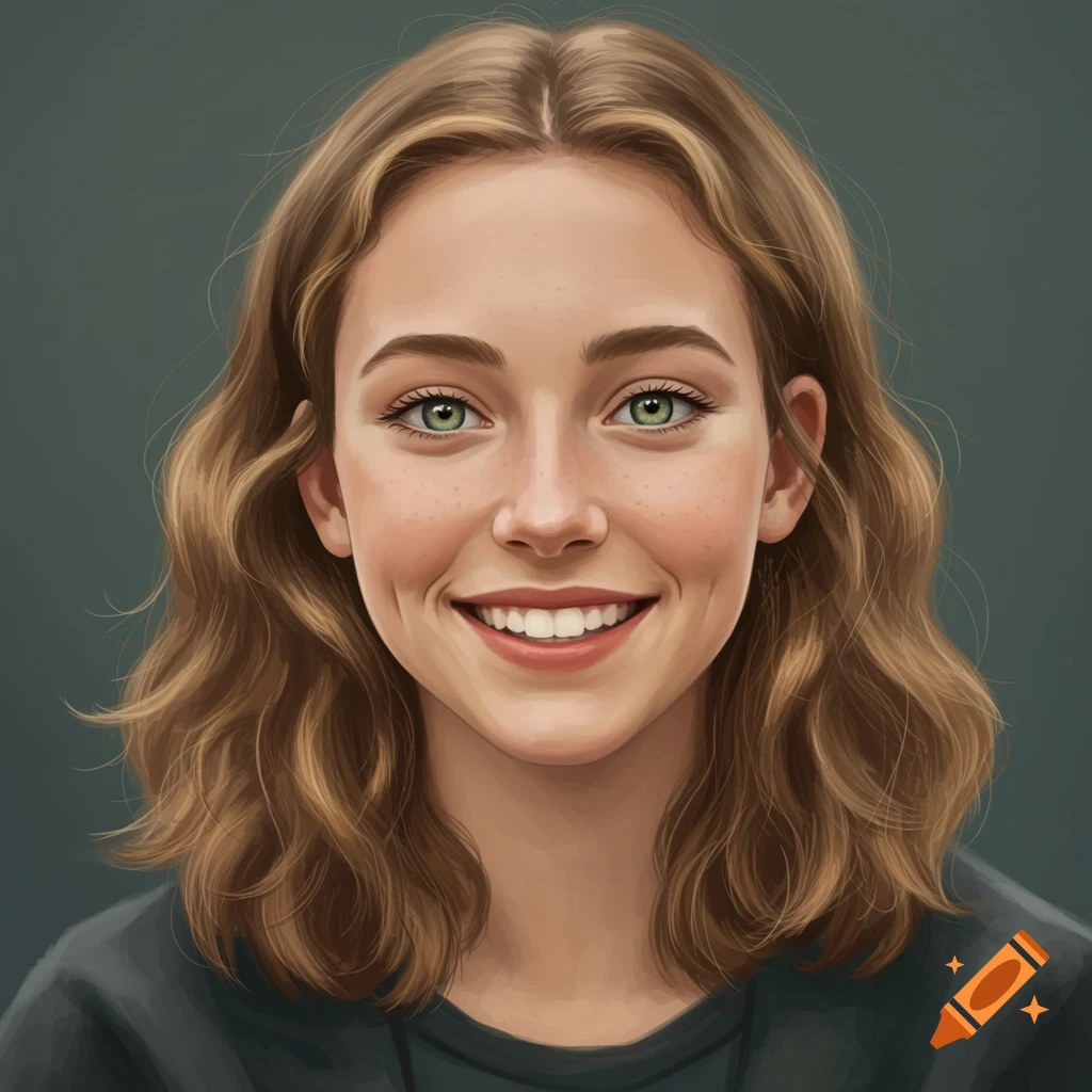 A young woman with brown wavy hair and green eyes is smiling.
