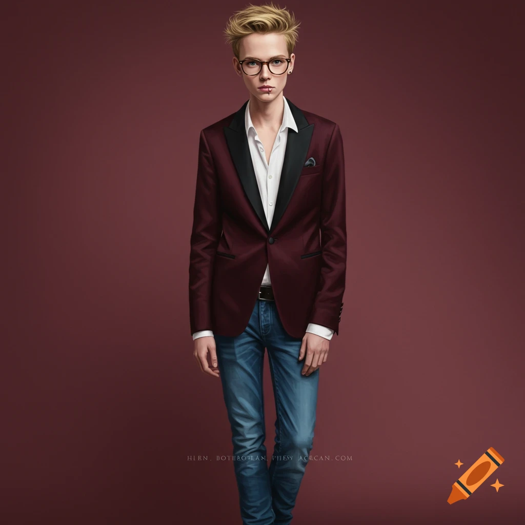 A blonde person in a burgundy blazer and jeans stands in a portrait.