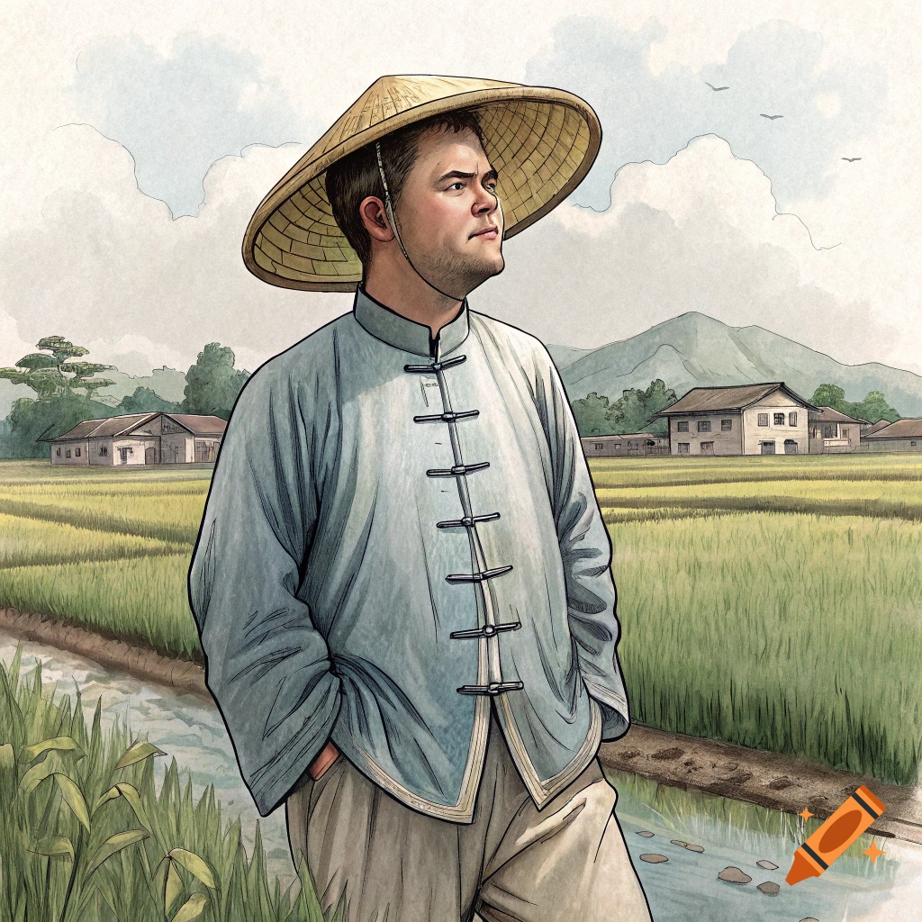 Watercolor painting of a man in a conical hat and traditional clothing standing in a rice field.
