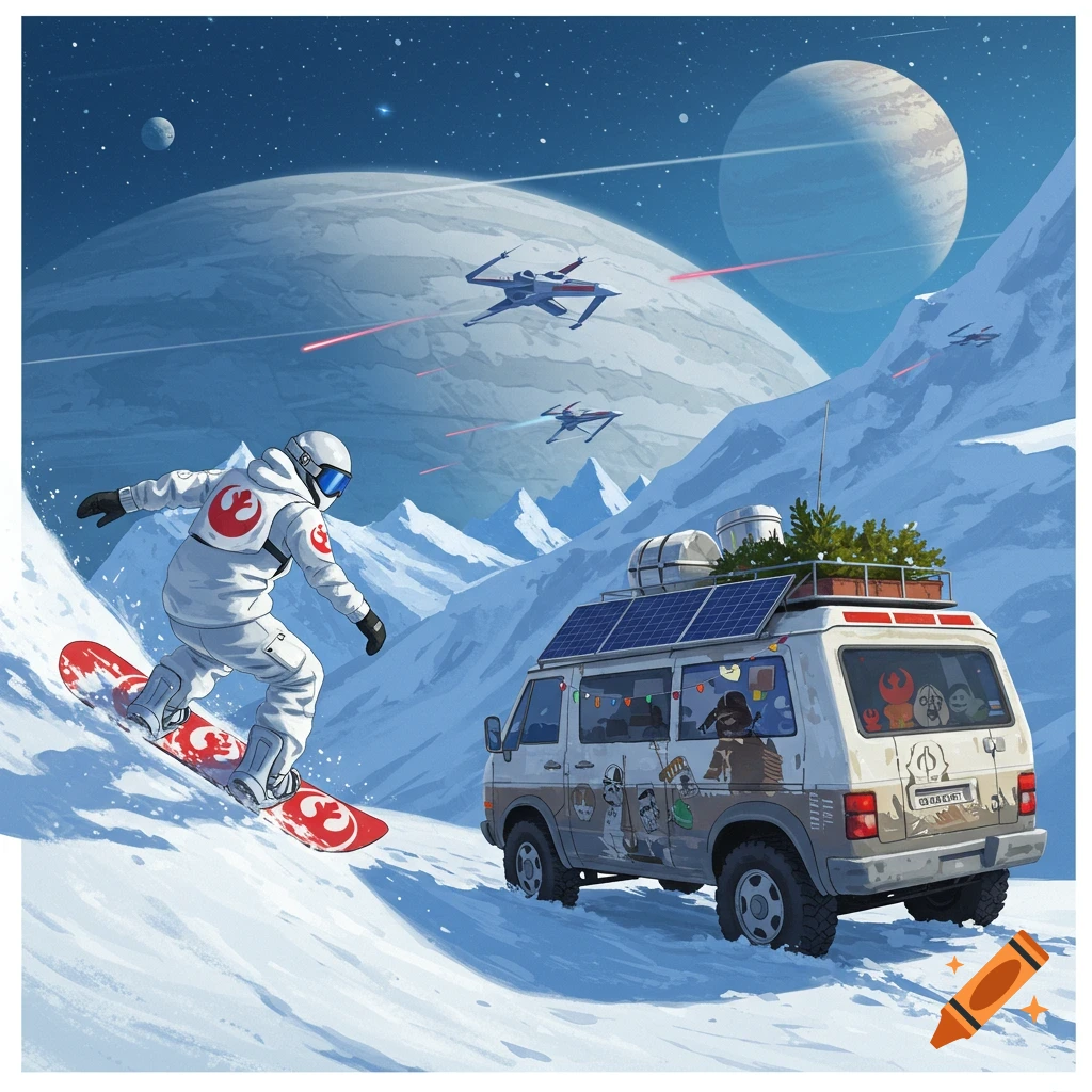A Star Wars character snowboards down a snowy mountain next to a decorated van, with X-wings, planets, and stars in the background.