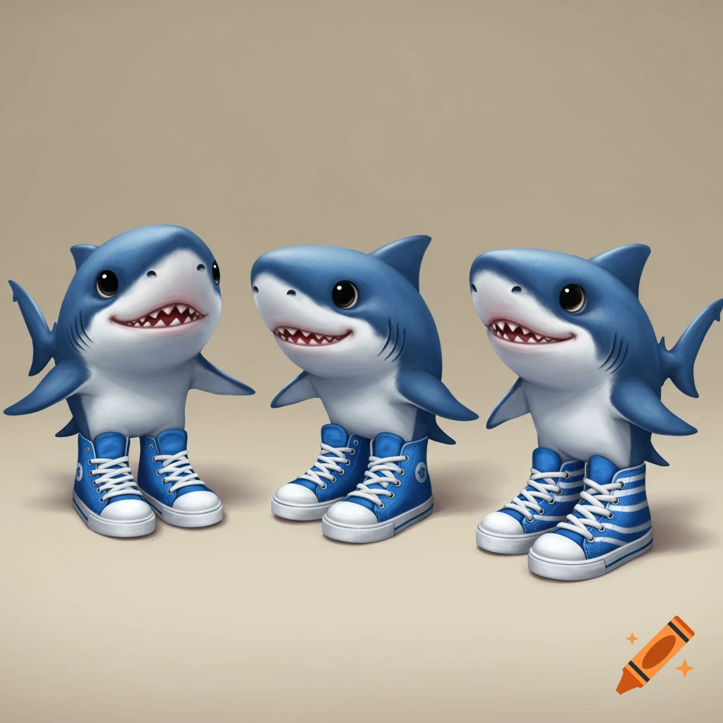 Three cute cartoon sharks wearing blue and white sneakers.
