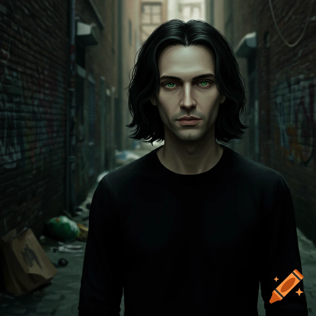 A man with black hair and green eyes standing in a dark alley.