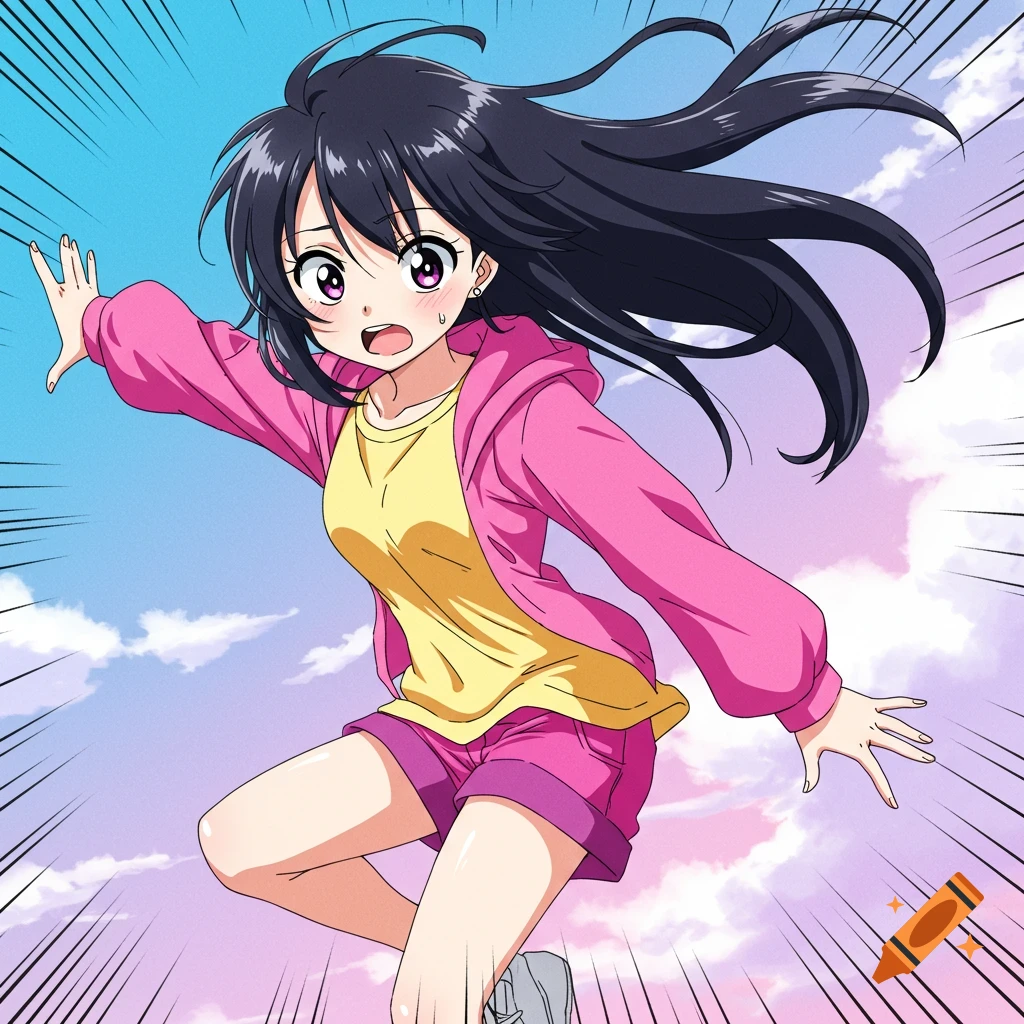 Anime girl with black hair looking surprised against a dramatic sky