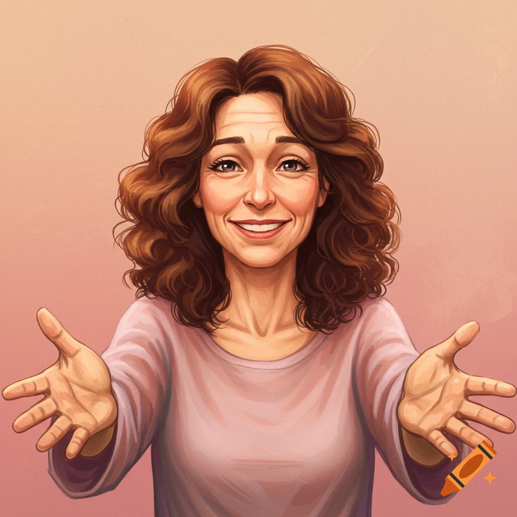 A smiling woman with curly hair extends her hands for a hug.