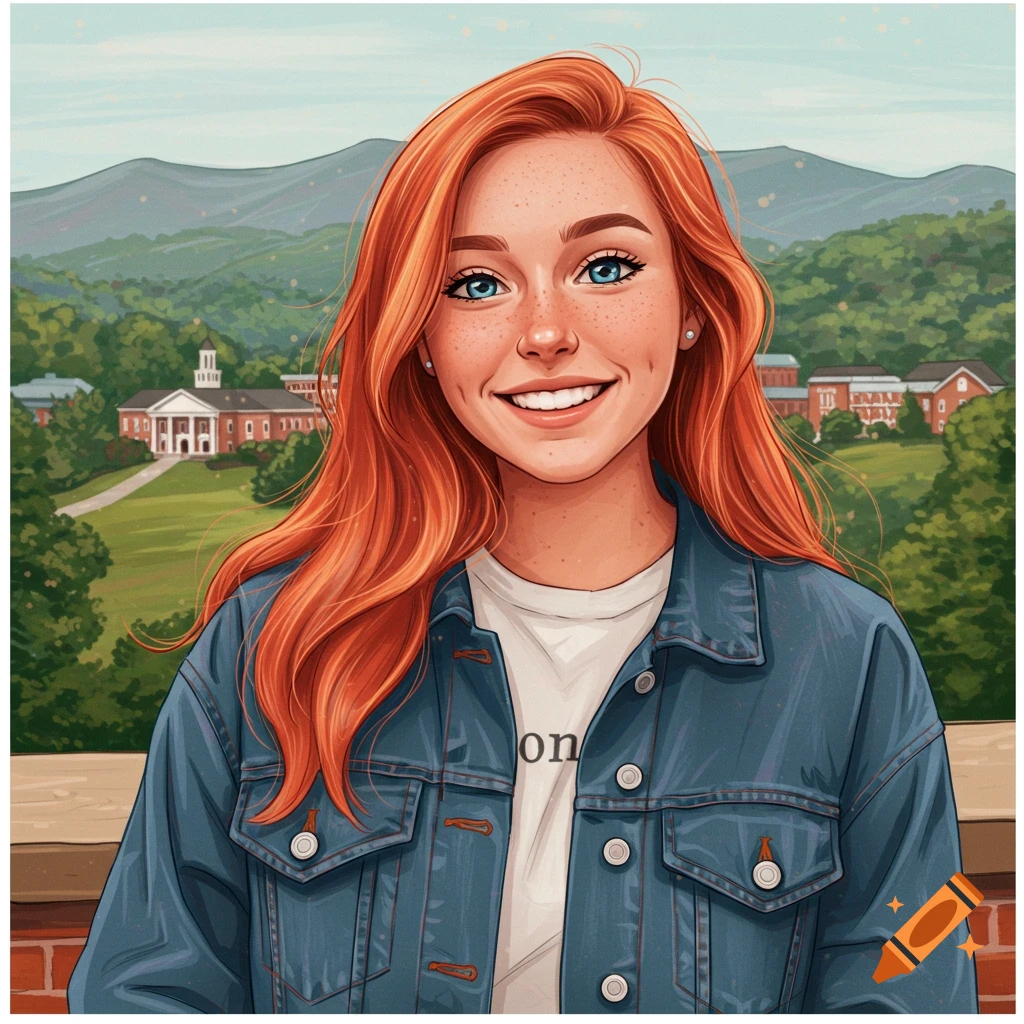 A smiling young woman with red hair and freckles, wearing a denim jacket, standing on a balcony with a college campus and mountains in the background.