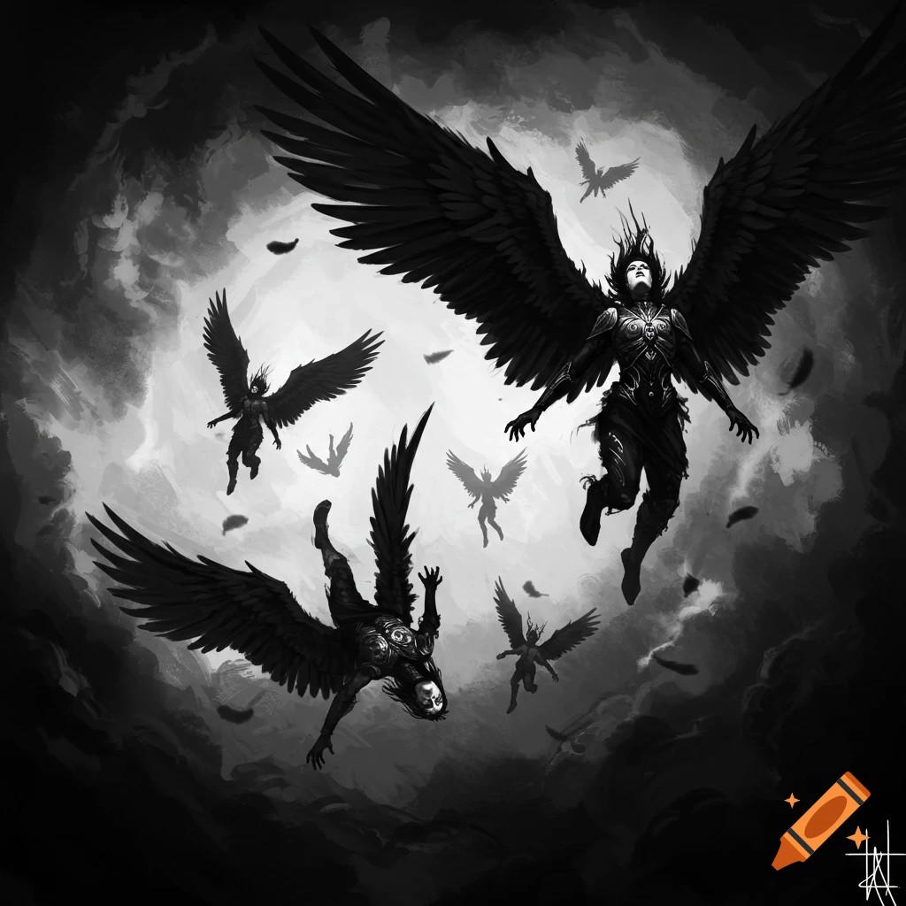 Multiple winged figures falling through dark clouds in black and white