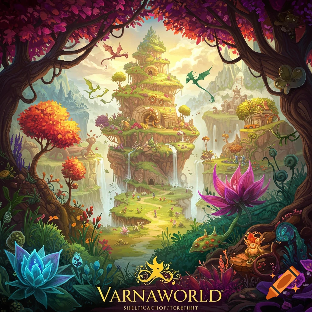 A fantasy landscape with a tiered structure, dragons, and colorful trees and flowers.