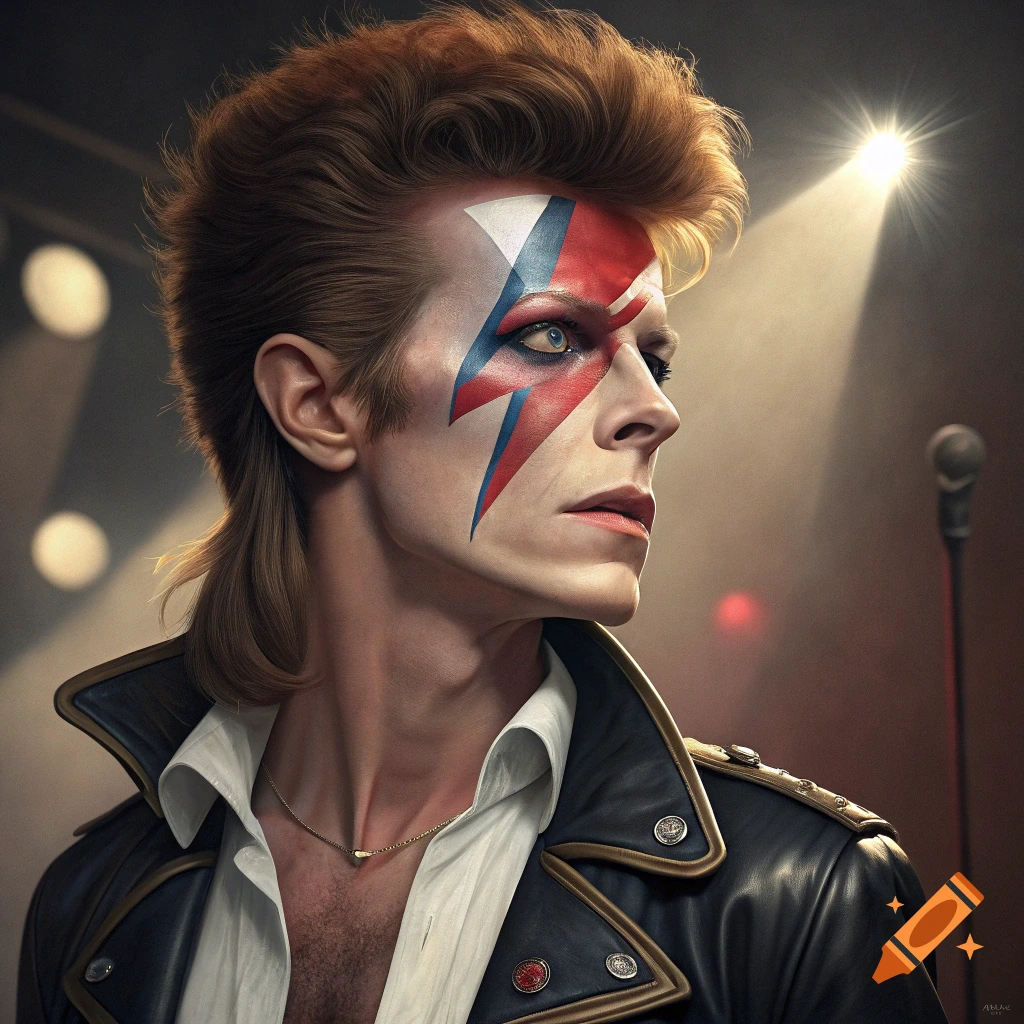 Portrait of a person resembling David Bowie with Aladdin Sane makeup, wearing a leather jacket, on a stage.