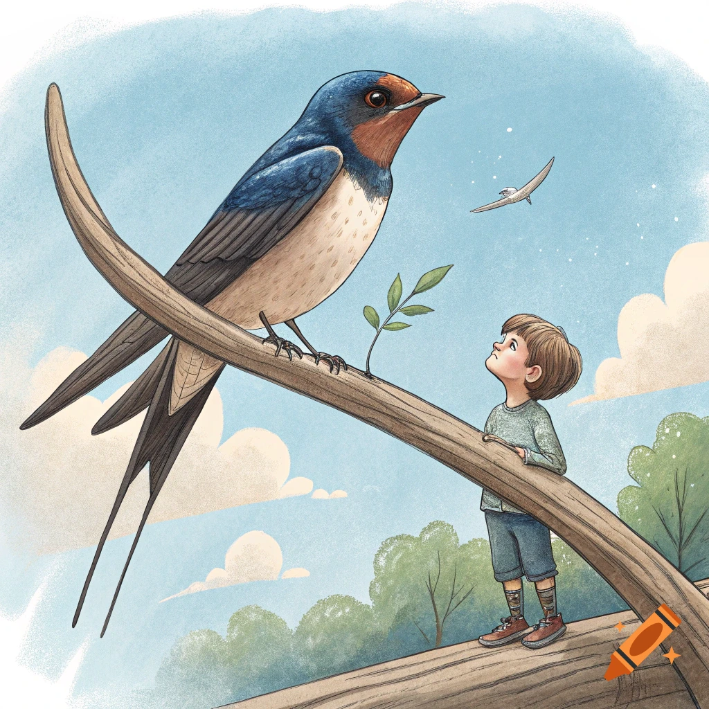 Textured illustration of a large barn swallow on a branch looking down at a boy.