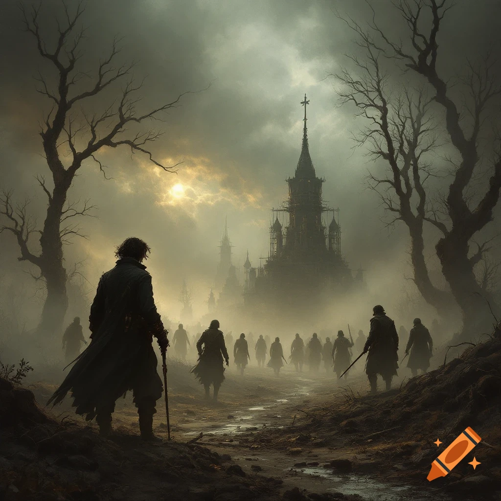 Figures walking through a foggy landscape towards a dark gothic building under a stormy sky.
