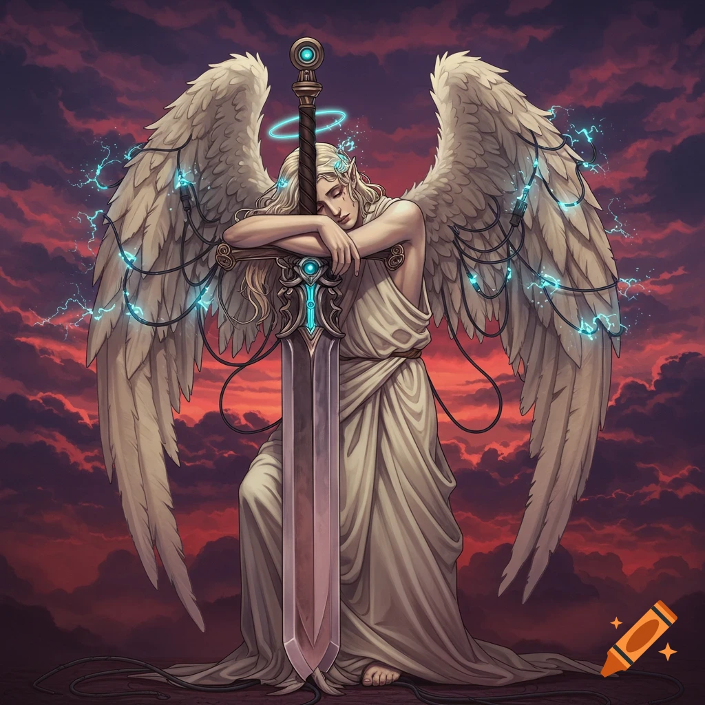 An angel with electrical wiring wings leans on a sword.