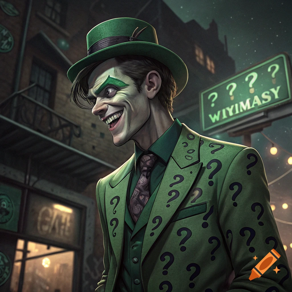Stylized art of the Riddler in a green suit and hat on a city street at night.
