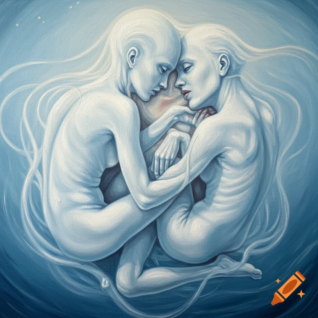 Painting of two ethereal figures intertwined in blue and white tones.