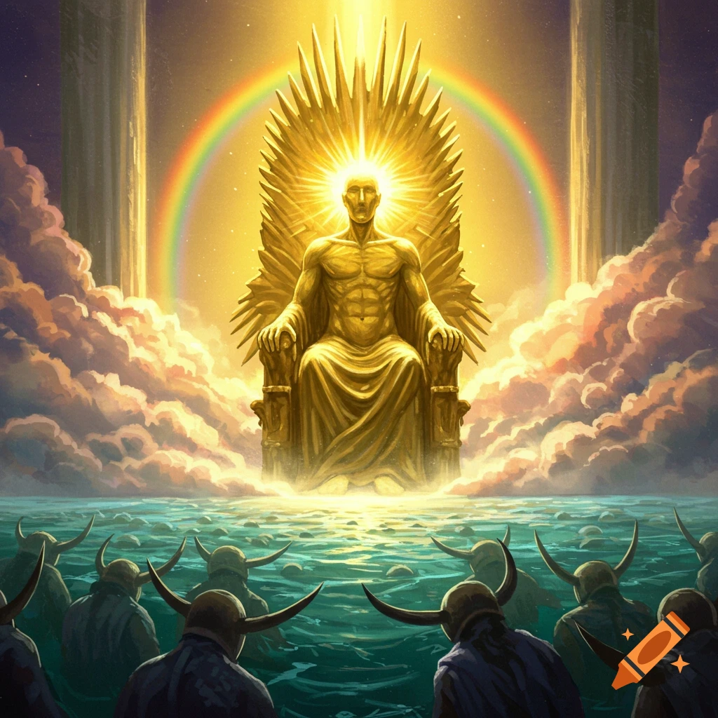A glowing golden figure is seated on a throne above water. A rainbow arcs overhead, and figures in horned helmets stand nearby.